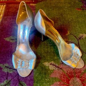 Manolo Blahnik 3 inch silver heels with rhinestone buckle. Size 39.5